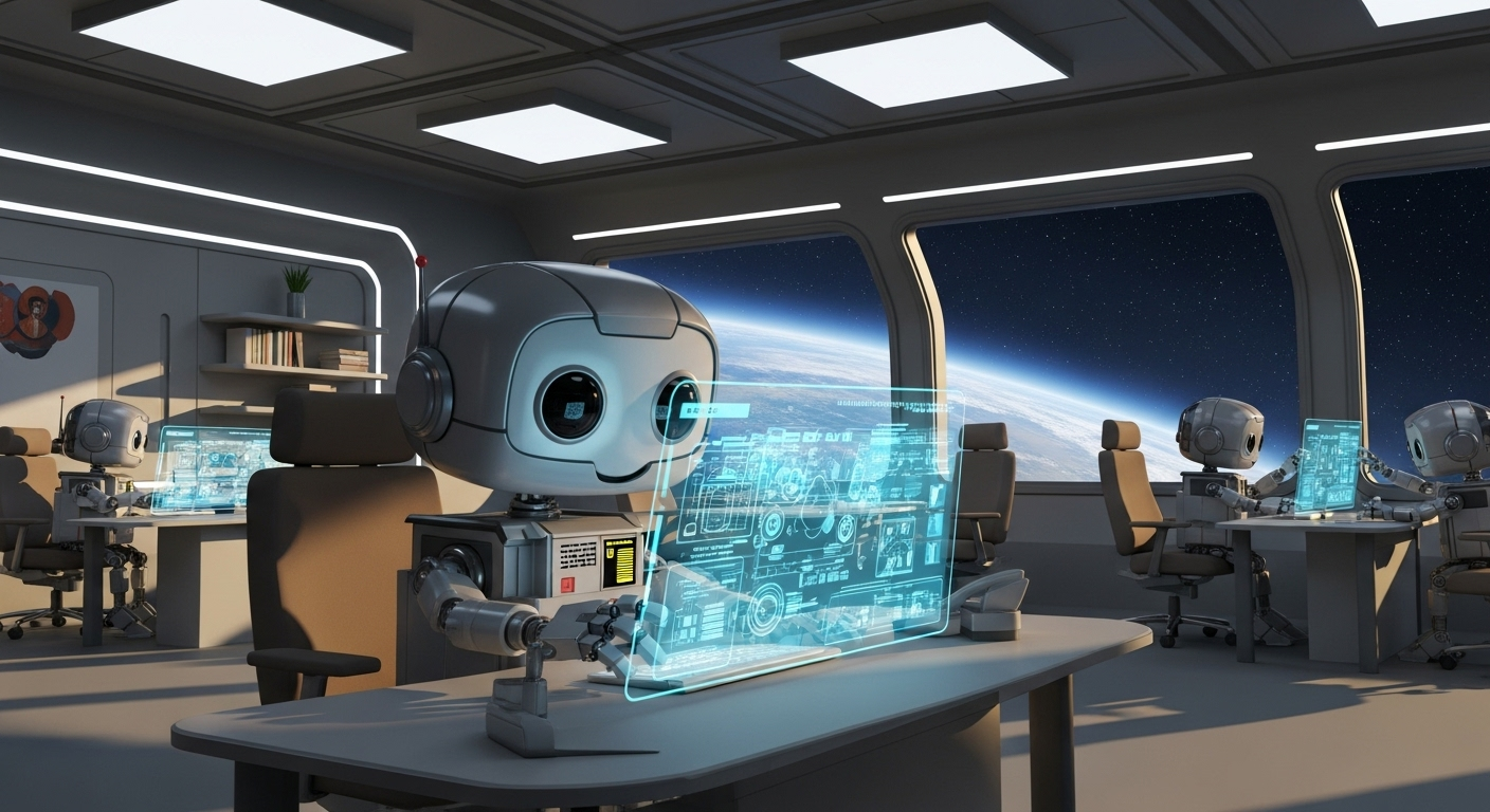 AI-powered robot working in modern office - representing intelligent automation and AI solutions for business
